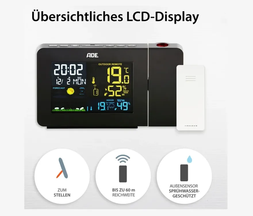 ADE Wetterstation mit Funk-Außensensor und Projektion