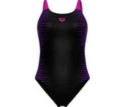 arena Feel Damen Badeanzug Side Placement U Back Bustier, black-multi-very fuchsia