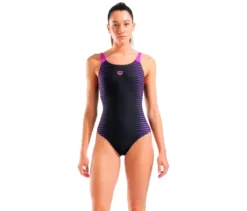 arena Feel Damen Badeanzug Side Placement U Back Bustier, black-multi-very fuchsia