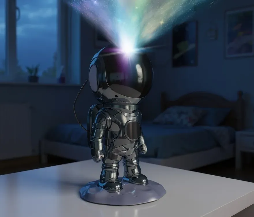 Astronaut mit Projektor und Lautsprecher