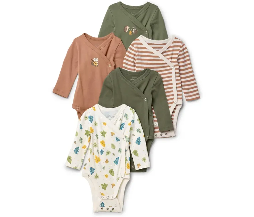 5 Baby-Bodys mit Mitwachsfunktion, Waldtiere