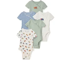 5 Baby-Bodys mit Mitwachsfunktion, Bagger
