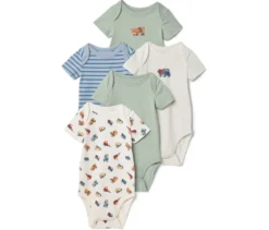 5 Baby-Bodys mit Mitwachsfunktion, Bagger