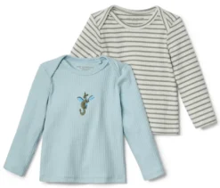 2 Baby-Langarmshirts mit Rippstruktur, hellblau und grün