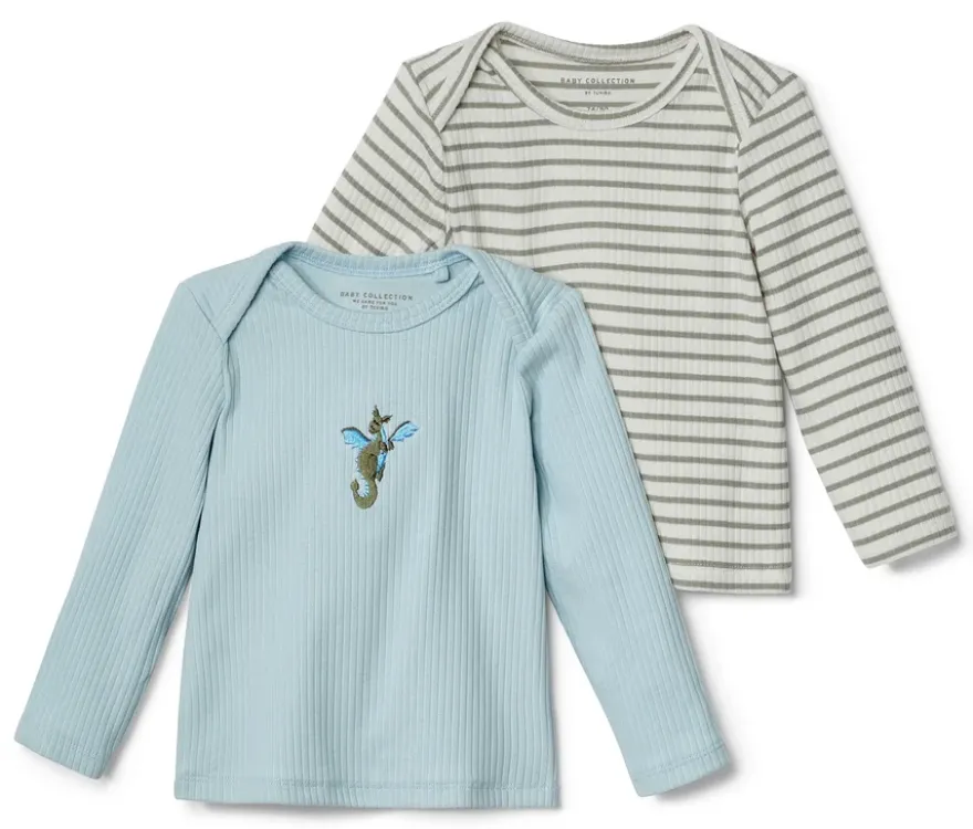 2 Baby-Langarmshirts mit Rippstruktur, hellblau und grün