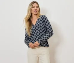 Bedrucktes Blusenshirt, blau-weiß