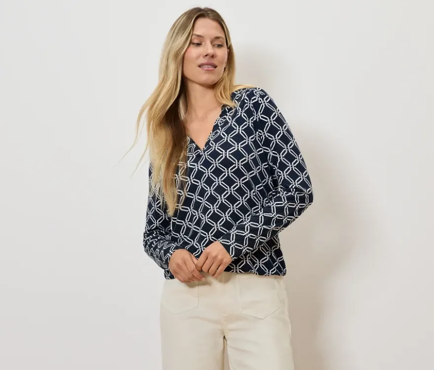 Bedrucktes Blusenshirt, blau-weiß
