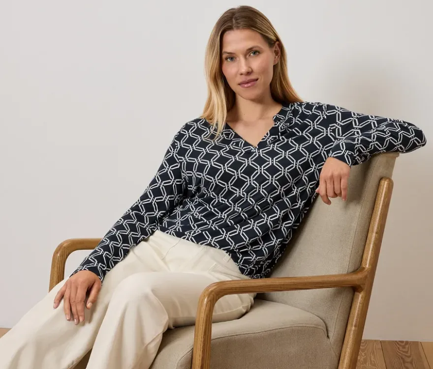 Bedrucktes Blusenshirt, blau-weiß