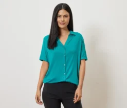 Blusenshirt mit Knopfleiste, azurblau