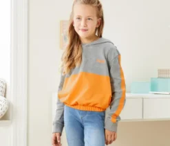 Cropped-Hoodie, grau-gelb meliert