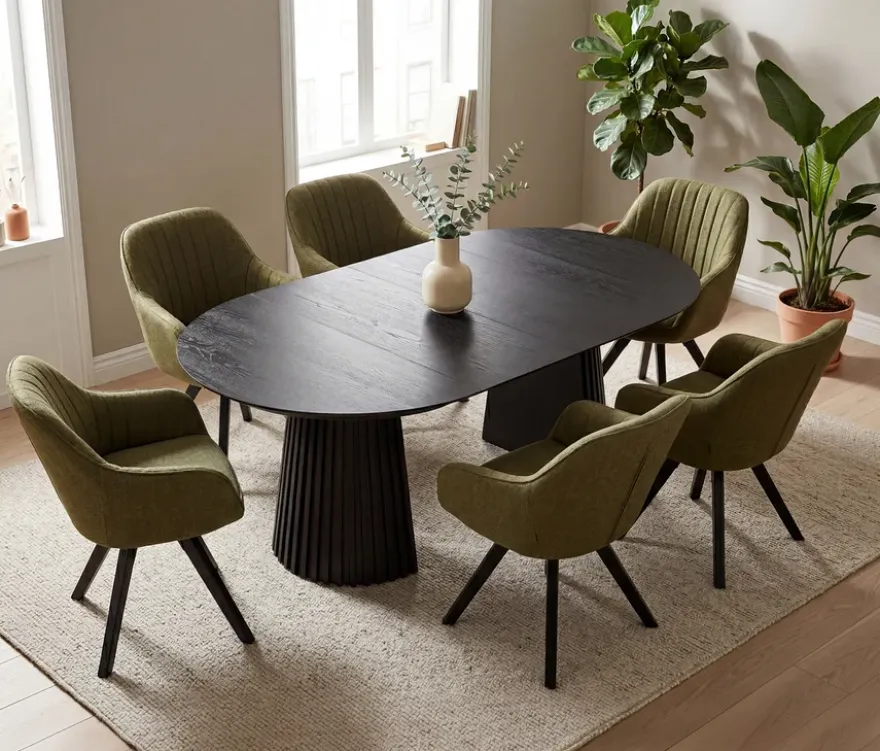 deVries Esstisch »Andria«, 120/210 cm, schwarz und 6 Stühle »Matera«, grün