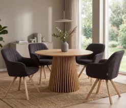 deVries Esstisch »Oria«, 120 cm, Eiche naturfaben und 4 Stühle »Matera«, dunkelgrau