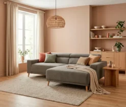 DOMO Eck-Schlafsofa »Malmö« mit Hocker, Longchair rechts, grau/holzfarben