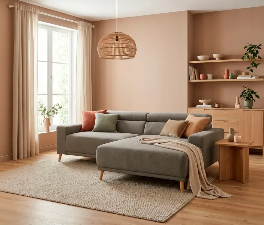 DOMO Eck-Schlafsofa »Malmö« mit Hocker, Longchair rechts, grau/holzfarben