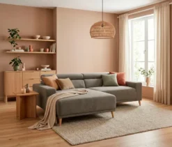 DOMO Eck-Schlafsofa »Malmö« mit Hocker, Longchair links, grau/holzfarben