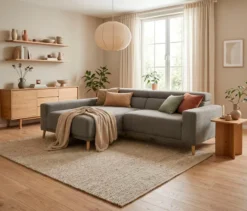 DOMO Eck-Schlafsofa »Malmö« mit Hocker, Longchair links, grau/holzfarben