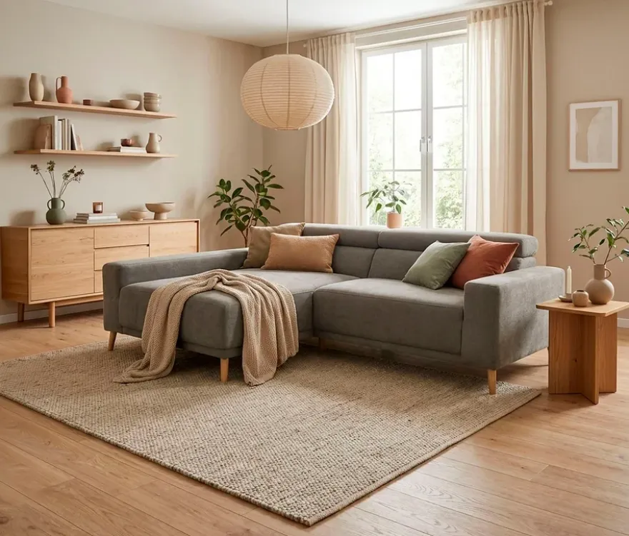 DOMO Eck-Schlafsofa »Malmö« mit Hocker, Longchair links, grau/holzfarben
