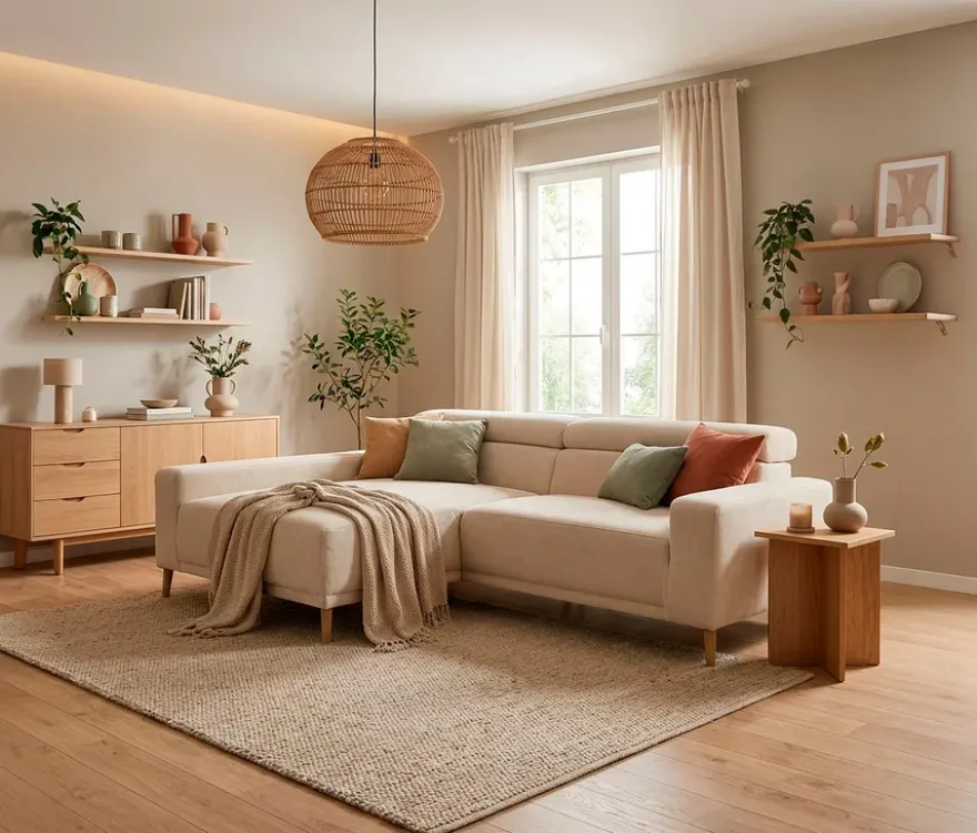 DOMO Eck-Schlafsofa »Malmö« mit Hocker, Longchair links, creme/holzfarben