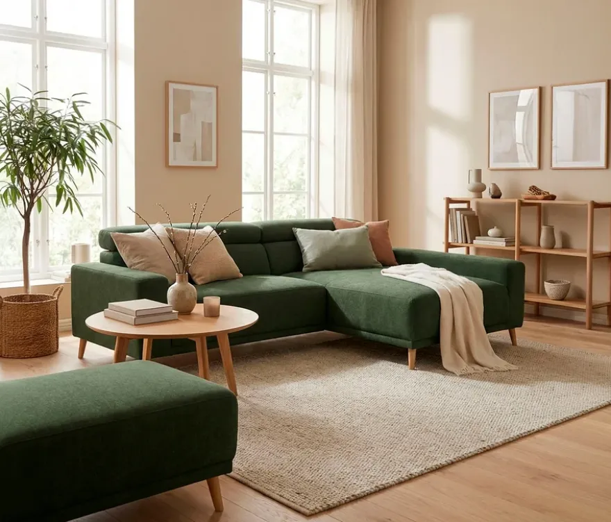 DOMO Eck-Schlafsofa »Malmö« mit Hocker, Longchair rechts, dunkelgrün/holzfarben