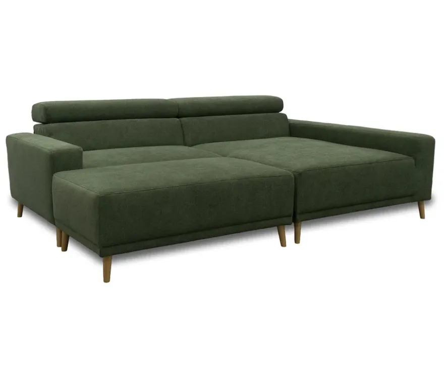 DOMO Eck-Schlafsofa »Malmö« mit Hocker, Longchair rechts, dunkelgrün/holzfarben