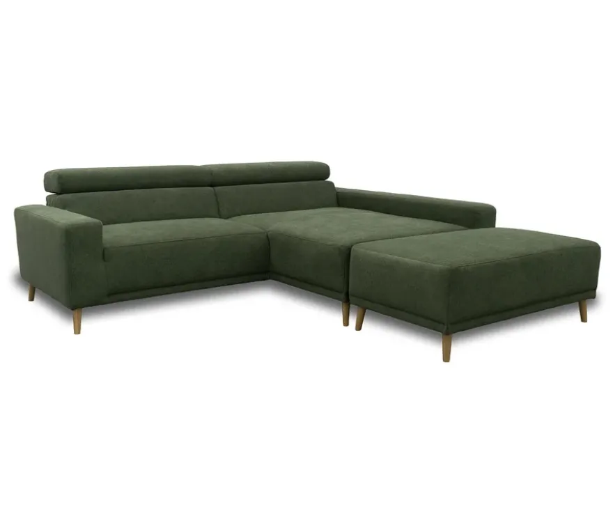 DOMO Eck-Schlafsofa »Malmö« mit Hocker, Longchair rechts, dunkelgrün/holzfarben