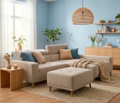 DOMO Ecksofa mit Hocker »Helsingborg«, sandfarben, rechts