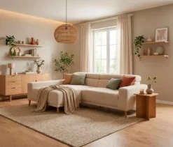 DOMO Sofa »Malmö«, Longchair links, mit Kopfteilverstellung, creme/holz