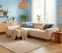 DOMO Sofa »Malmö«, Longchair links, mit Kopfteilverstellung, creme/holz