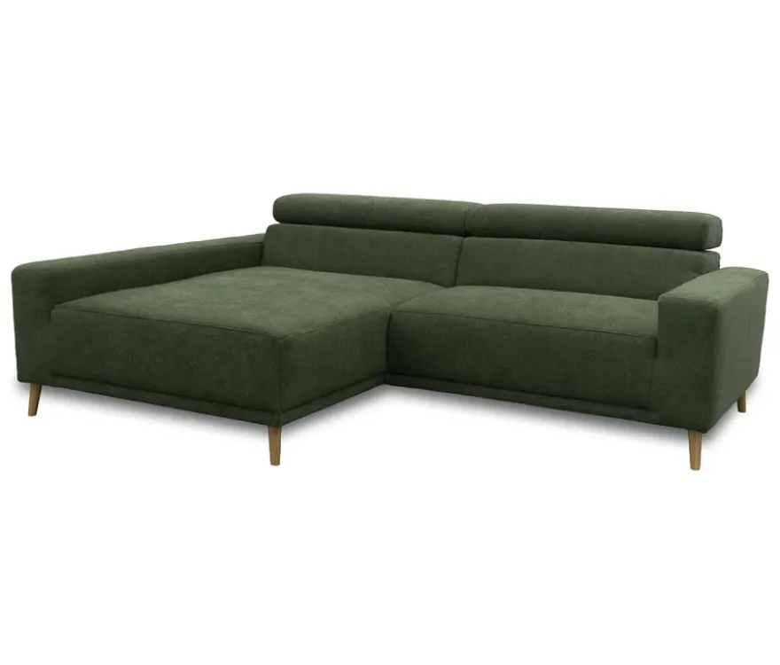 DOMO Sofa »Malmö«, Longchair links, mit Kopfteilverstellung, grün/holz