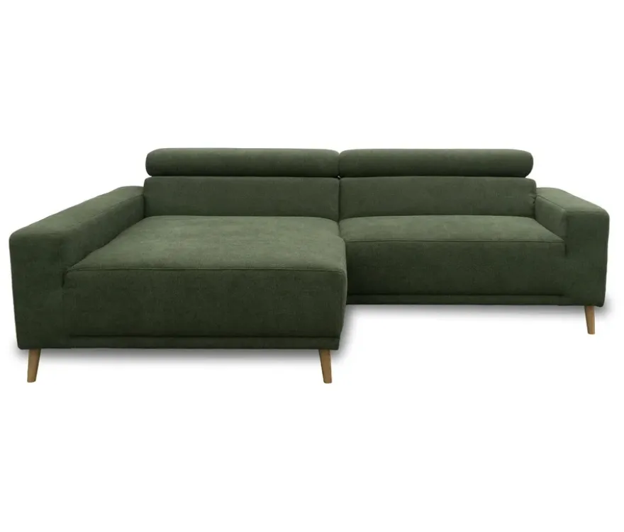 DOMO Sofa »Malmö«, Longchair links, mit Kopfteilverstellung, grün/holz