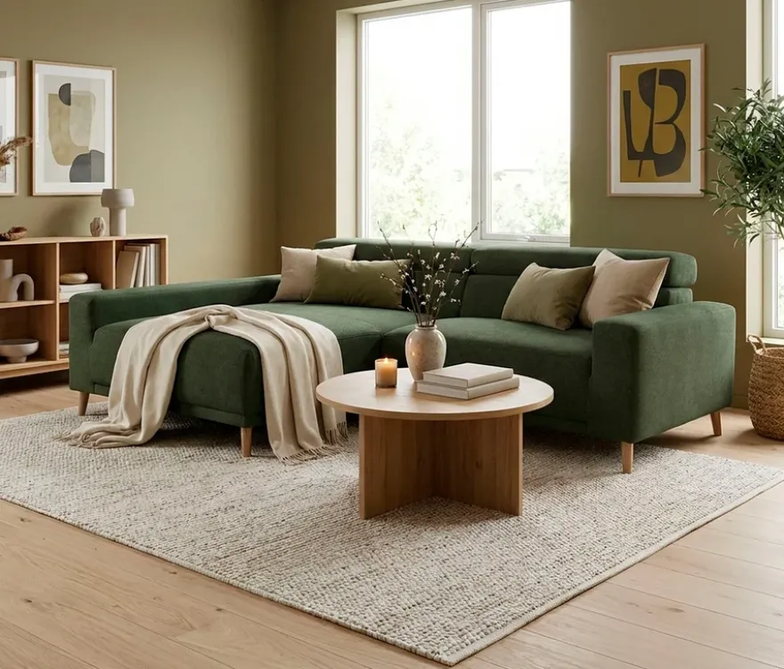DOMO Sofa »Malmö«, Longchair links, mit Kopfteilverstellung, grün/holz