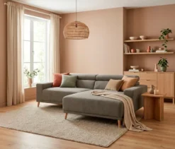 DOMO Sofa »Malmö«, Longchair rechts, mit Kopfteilverstellung, grau/holz