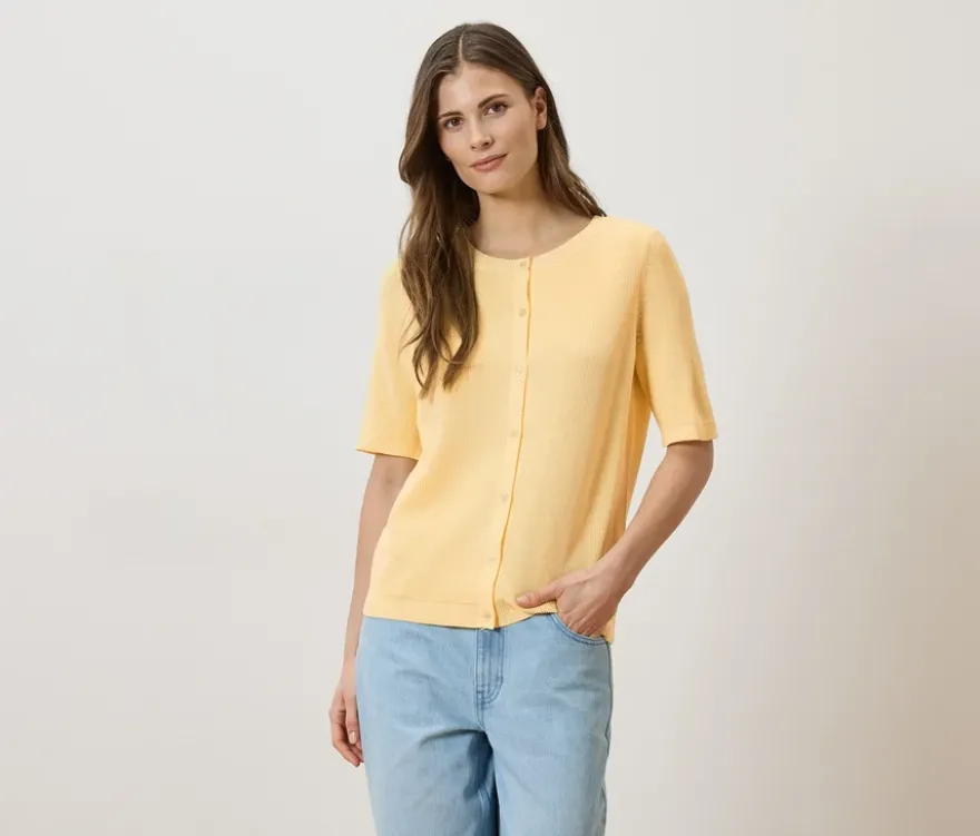 Feinstrick-Cardigan mit Leinen, buttergelb