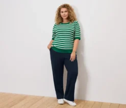 Feinstrickpullover, grün-weiß gestreift