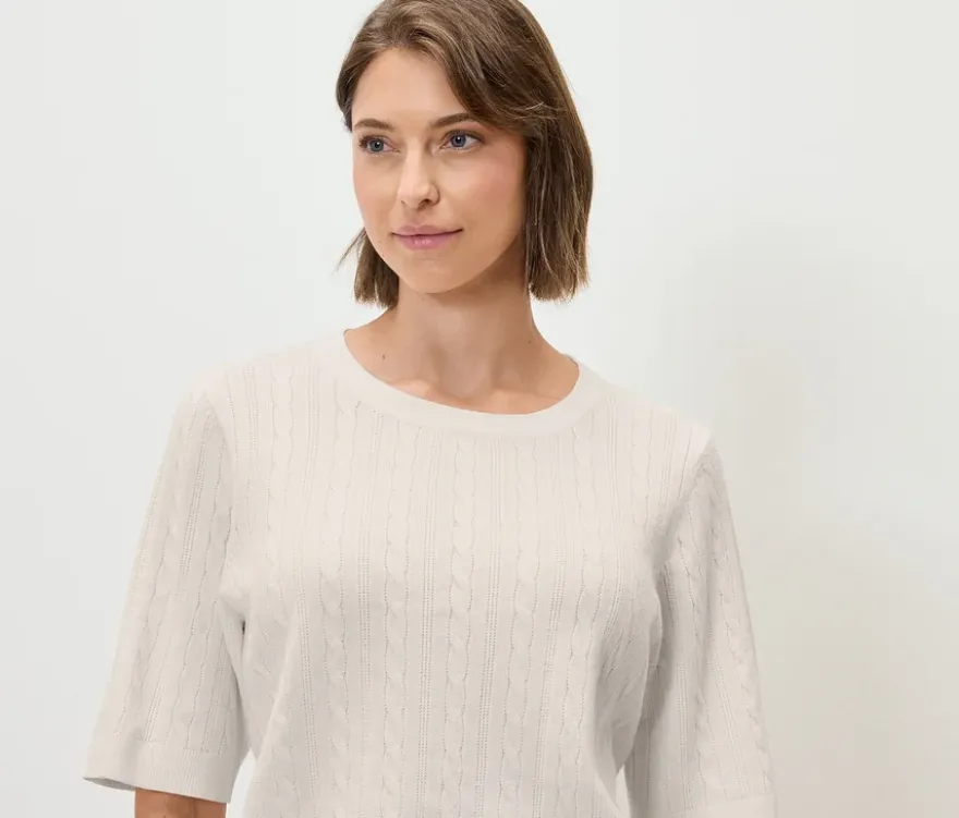 Feinstrickpullover mit Zopfmuster, beige