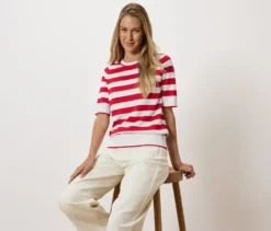 Feinstrickpullover, rot-weiß gestreift