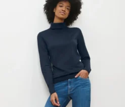 Feinstrick-Rollkragenpullover, dunkelblau