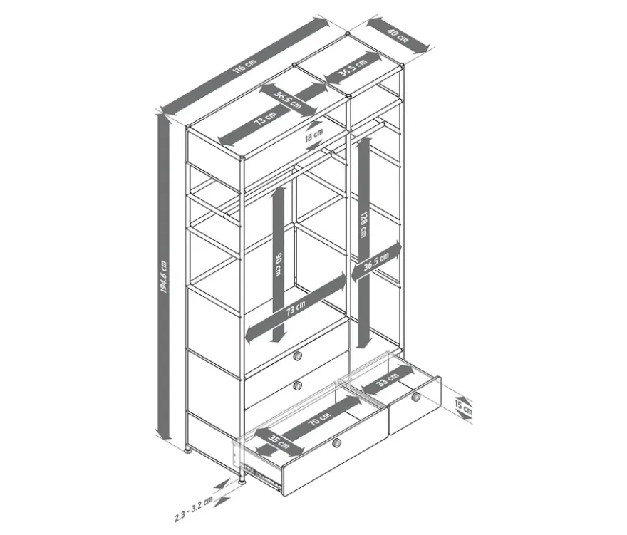 Garderobe Metall »CN3« mit 2 Kleiderstangen und 4 Schubladen
