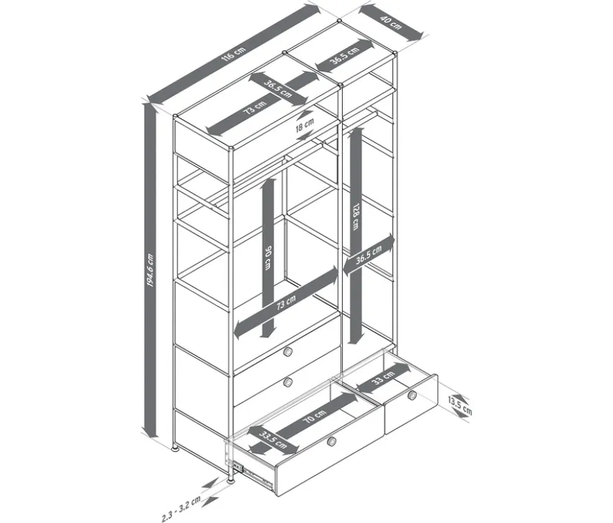 Garderobe Metall »CN3« mit 2 Kleiderstangen und 4 Schubladen