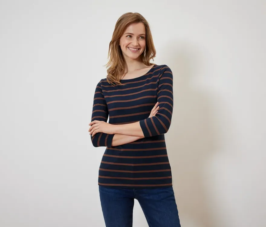 Gestreiftes Shirt mit 3/4-Arm, navy-cognac