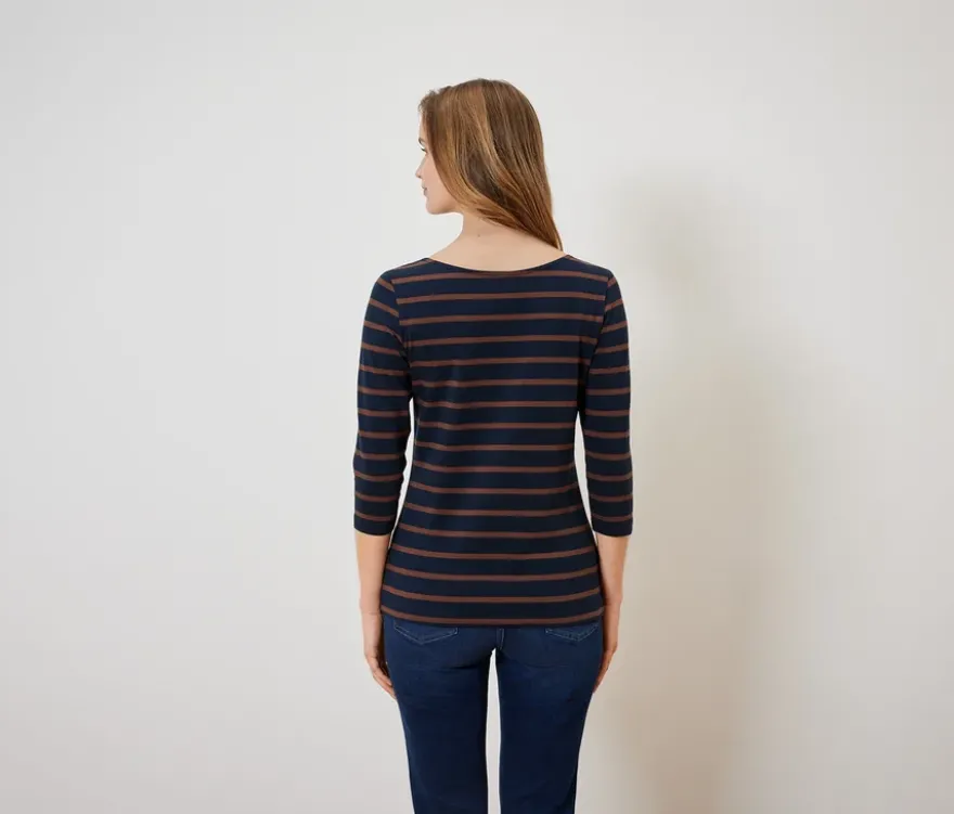 Gestreiftes Shirt mit 3/4-Arm, navy-cognac