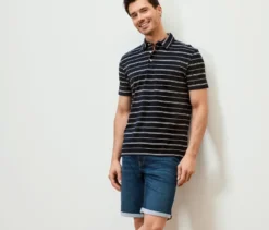 Jersey-Poloshirt, dunkelblau gestreift