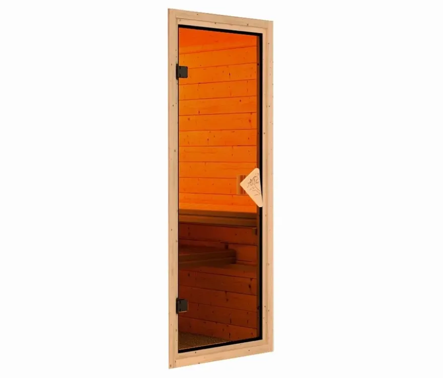 Karibu Fasshaus »Orkla«, naturfarben, inkl. 9 kW-Bio-Ofen mit externer Steuerung