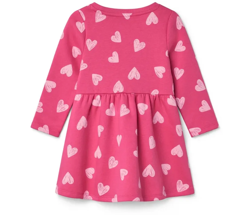 Kinder-Sweatkleid, mittelpink mit hellrosafarbenen Herzen-Alloverprint