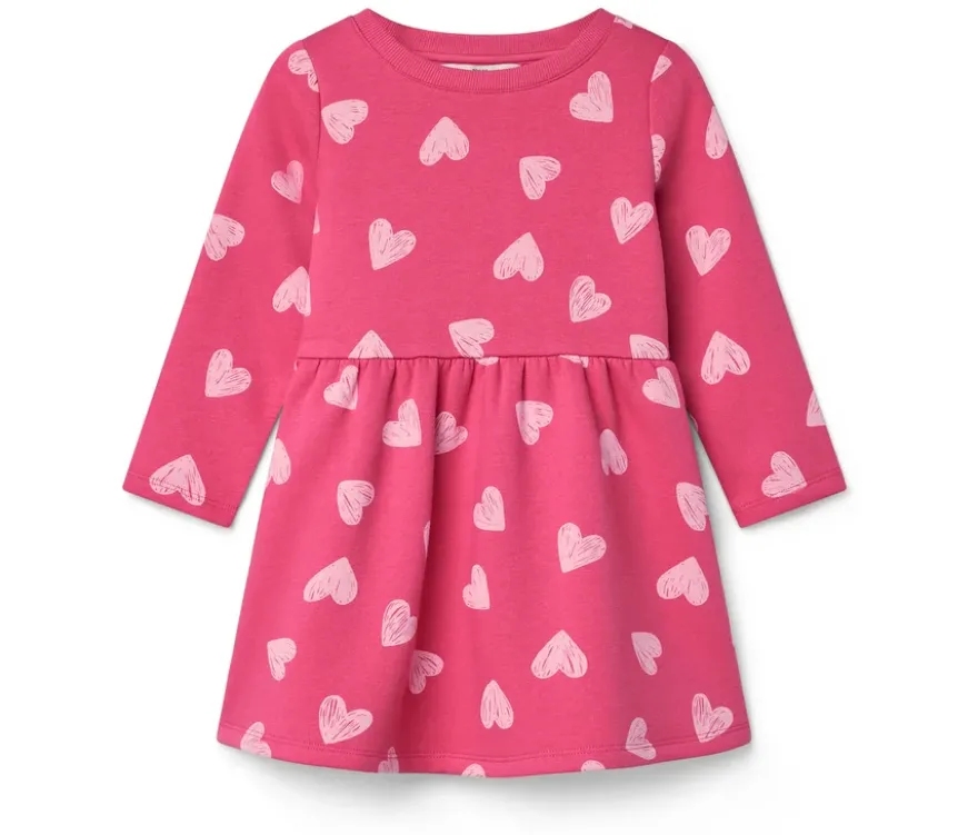 Kinder-Sweatkleid, mittelpink mit hellrosafarbenen Herzen-Alloverprint