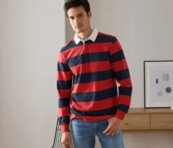 Langarm-Poloshirt, Navyfarben-rot gestreift