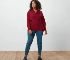 Langarmshirt mit V-Ausschnitt, bordeauxrot