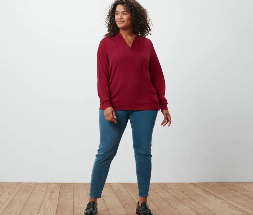 Langarmshirt mit V-Ausschnitt, bordeauxrot