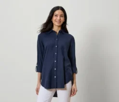 Lange Leinenbluse, dunkelblau