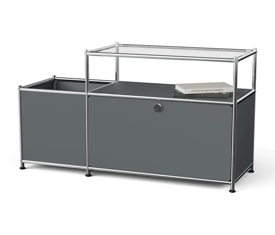Lowboard Metall »CN3« mit Klappenfach und Glasplatte, grau